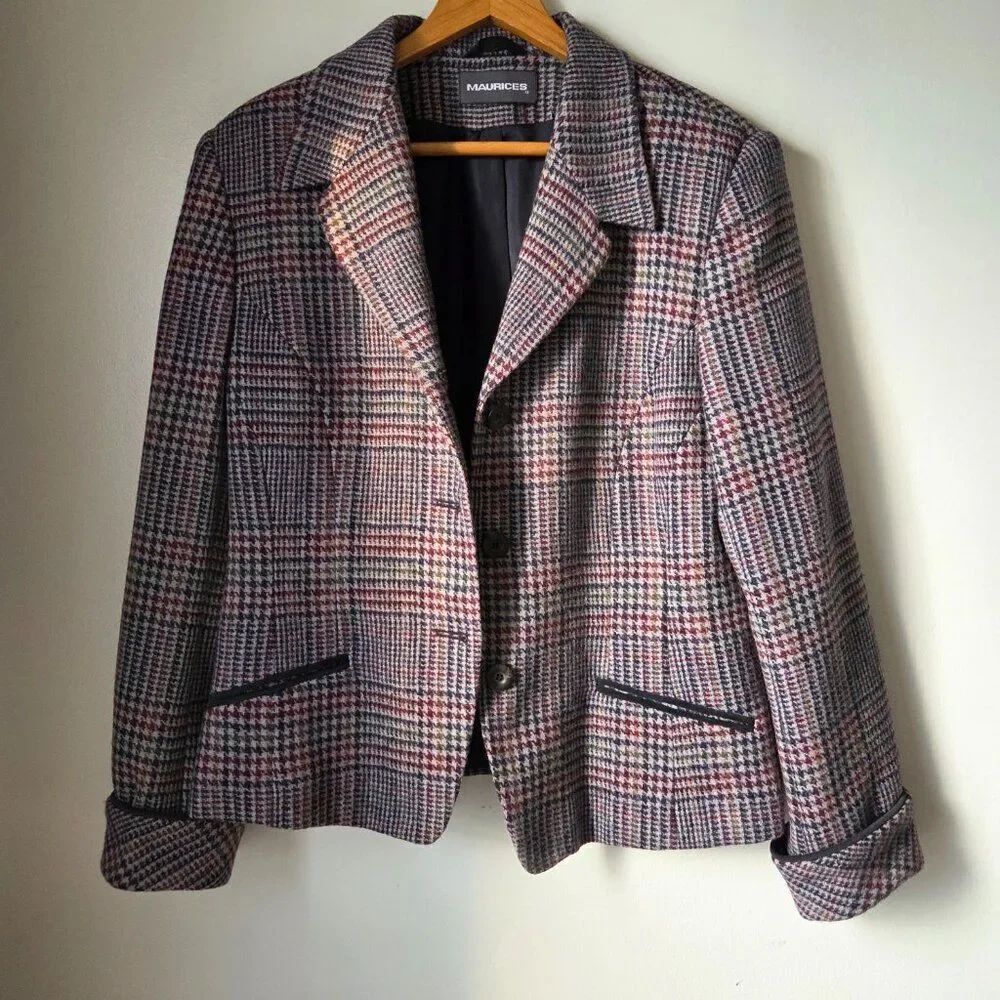 EUC VINTAGE MAURICES 100% WOOL HOUNDSTOOTH BLAZER JACKET SIZE LARGE